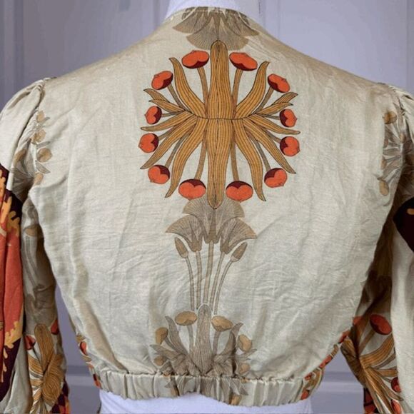 Nocturne Linen Blend Boho Crop Top Tie Puff Sleeves Gold Brown Orange Medium - Picture 6 of 15